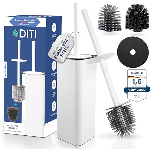 DITI - Klobürste Silikon Edelstahl - Antibakterielle Toilettenbürste mit stilvollem Quadratisch WC Bürstenhalter - Design WC Bürste Silikon mit Spritzschutz - Klobesen - Toilet Brush (Weiß)