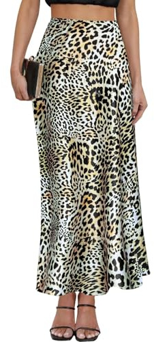 Women's Leopard Print Satin Maxi Skirt High Waisted Elastic Waistband Silk A-Line Casual Party 2025 Summer Long Skirts