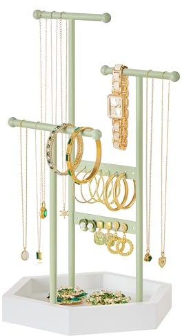 SONGMICS Jewelry Holder, Jewelry Organizer, 3 Tiers and 1 Tray, Jewelry Display Stand with Metal Frame, Necklace Earring Bracelet Holder, for Rings, Laurel Green and Cloud White UJJS003C01