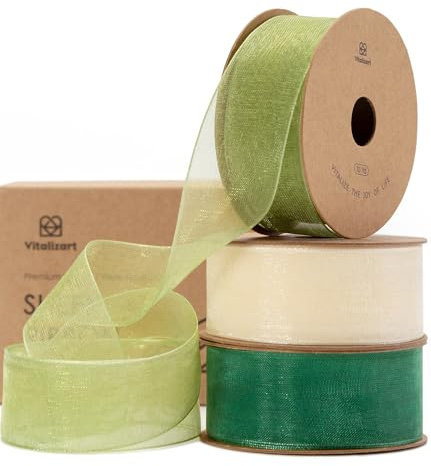 Vitalizart Cream & Green Organza Ribbon 1'' x 30Yd Ribbons for Crafting | 3 Rolls x 10Yd, Wide Fabric Tulle Ribbons for Gift Wrapping, Christmas Tree, Decoration, Bows, Wedding Invitations