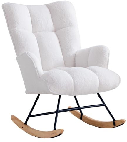 XH.Easy Go Schaukelstuhl Stillsessel Schaukelsessel mit Armlehnen Gepolsterter Schwingsessel Stillstuhl Sessel Relaxsessel für Wohnzimmer Schlafzimmer Babyzimmer, Bis 136 kg Belastbar, Weiß