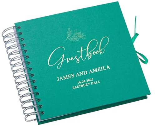 Personalised Wedding Guest Book with Delicate Leaf Foil Design, 20.3 x 20.3 cm, Spiral Binding, Multiple Colours (Emerald Green)