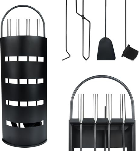 PEILU Juego de 5 utensilios modernos de acero inoxidable con mango de metal, incluye atizador, pala para cenizas, escoba de chimenea, pinzas y soporte, color negro