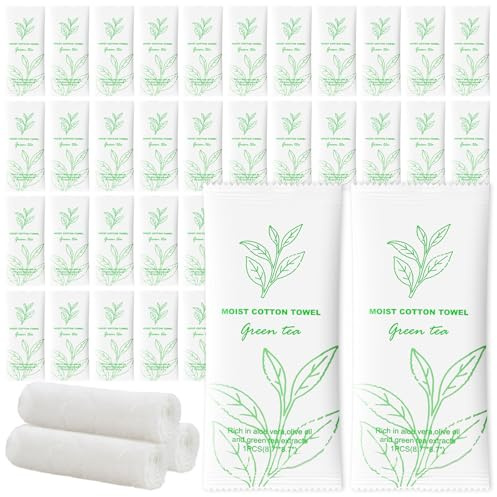 Moist Cotton Towel Bulk Moist Towelettes Individually Wrapped,White Towel Services,Refreshment Pre Moistened Towels for Dentist Travel Sport Party Hotel 200，Green tea