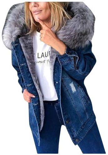 Generisch Veste d'hiver chaude - Manteau en jean épais - Manteau d'hiver - Veste de transition - Doublure - Cowboy - En fourrure synthétique - Oversize - Avec capuche - Pour femme