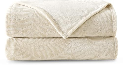 SOCHOW Leaves Textured Flannel Fleece Throw Blanket 127 x 150cm, Linen | Super Soft Cozy Lightweight Warm Plush Blanket for Bed Couch Sofa Home Decor