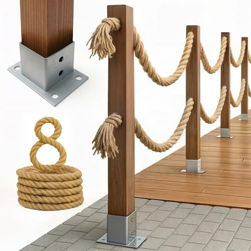 Bogateco valla de madera de doble cuerda de 8 m, juego completo de barrera con 2 cuerdas de yute de 30 mm y postes de madera, madera impregnada, incluye anclaje al suelo para atornillar, color marrón
