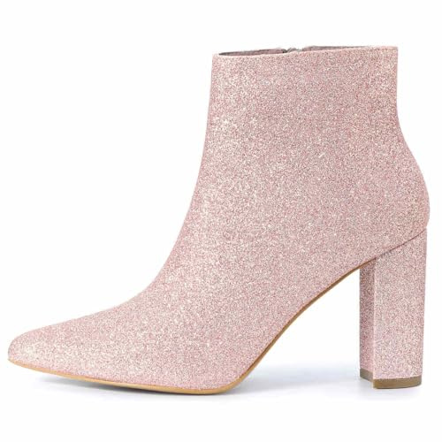 Allegra K Bottines à talon épais à bout pointu pailleté pour femme, rose, 41 EU