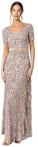 Maya Deluxe Damen Maxi Women's Embellished Sequin Long Short Sleeve V Neck High Empire Waist Cut Shiny Prom We Bridesmaid Dress, Taupe, 40 EU