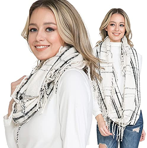 BASICO Fall Winter Scarfs for Women Plaid Infinity Scarf for Cold Weather Circle Loop Scarves (White)