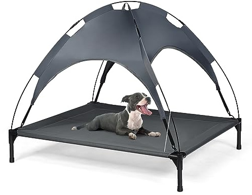 COSTWAY Brandina per Cani con Parasole, Cuccia Rialzato Cane e Tessuto Rinfrescante, Lettino per Cani con Tettuccio Taglia Media e Grande da Esterno e Interno (105x86x87 cm)