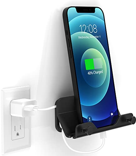 HomeMount Hands Free Wall Mount Phone Holder with Adhesive Strip for Bedroom Living Room Kitchen Compatible with All Phone or Mini ipad Black
