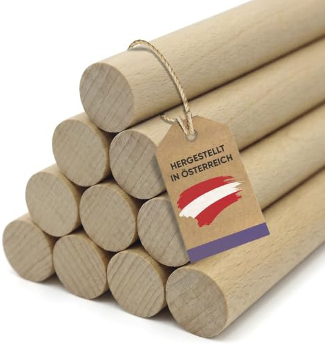 vasalat Varillas de madera lisas para manualidades, 100 cm x 14 mm, madera de haya natural, contenido, 10 unidades
