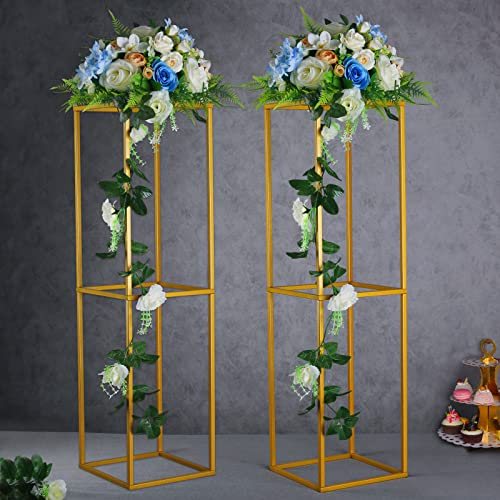 YALLOVE 2 Pcs 80cm Metal Flower Stand, Gold Centerpieces Vases Stand with Clear Acrylic Sheets, Geometric Display Rack for Wedding Party Decorations