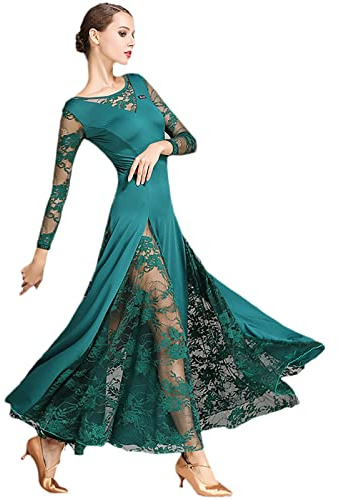 LOOMLO Pizzo Sala da ballo Abito da ballo Donna Maniche lunghe Waltz Tango Abiti da ballo Standard Abito da ballo, Verde scuro, M