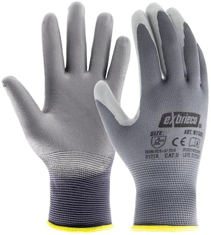 EXBRIECO Professionelle Arbeitshandschuhe 3, 6 oder 12 Paare Schutzhandschuhe, Polyester & Nitril, taktile Genauigkeit, atmungsaktiv, elastisch, widerstandsfähig, für Bau, Mechaniker, EPI.