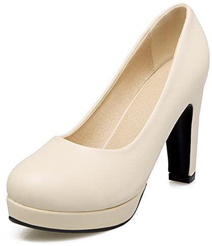 Lroey Reoly Décolleté con Tacco Largo da Donna, Pompe al Tallone Alto Punta Rotonda Senza Chiusura Vestito Pumps con Plateau Moda Igreqr Beige Numero 39 EU
