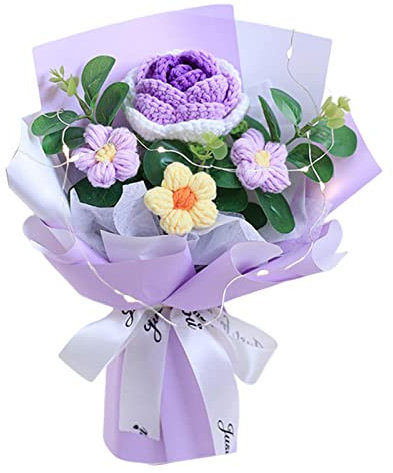 Folpus Crochet Fleur Bouquet Rose Tissé À La Main Bouquet À La Main Polyvalent Ornement Tricoté Fleurs Fête des Mères pour Fête Plateau Fête des Mères, Violet