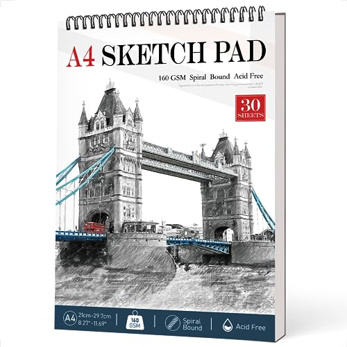 Benxdara Skizzenbuch A4 Zeichenblock, 30 Blatt Skizzenblock mit Spiralbindung, 160GSM Säurefrei Zeichenpapier Sketchbook Hardcover Dickes Papier für Künstler und Profis für Zeichnungen und Skizzen