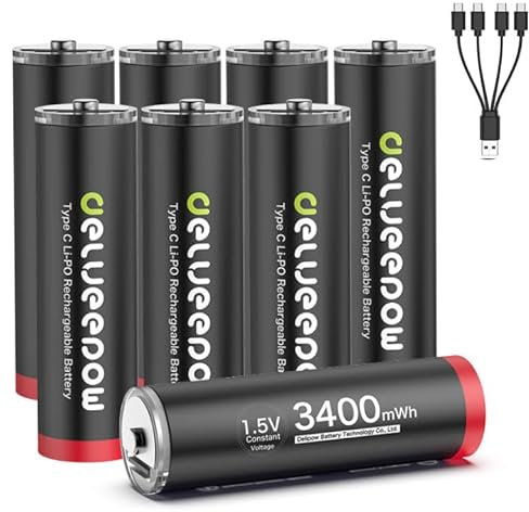 Delyeepow USB AA Rechargeable Batteries,1.5V Lithium Batteries,AA Rechargeable 3400mWh with USB Cable,1500 Cycle, Low Self Discharge,8‐Pack