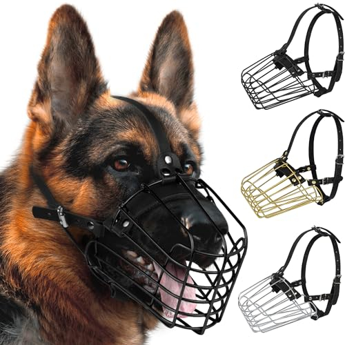 BUDKAS Deutscher Schäferhund Maulkorb Metall Korb für Mittlere Große Hunde Verstellbare Langlebige Lederriemen Sichere Drahtmaske zum Beißen Kauen Bellen (Schwarz, M - Größe)