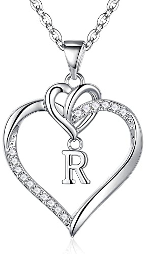 TINGN Coeur Collier Lettre Pendentif Femme Bijoux, Collier Initial en Forme de Coeur Rempli d'Or Blanc 14 Carats pour Femmes