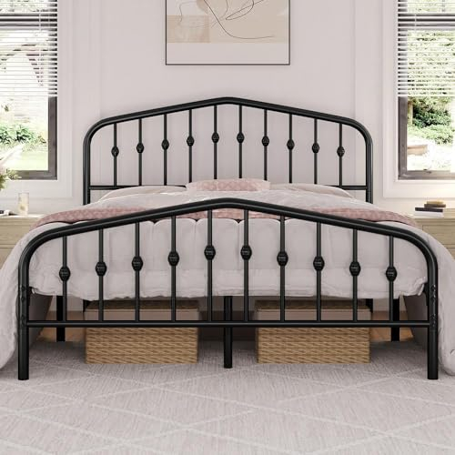 Yaheetech 5ft King Bed Frame Slatted Metal Bed with Crown-inspired Design Headboard/Spacious Under-bed Storage Black King Bed