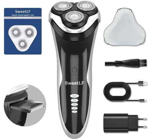 SweetLF (2024 NUOVO) Rasoio elettrico da uomo per uso bagnato e asciutto, rasoio ricaricabile con tecnologia impermeabile IPX7, con taglierina per barba, testine rotanti 4D e display LED