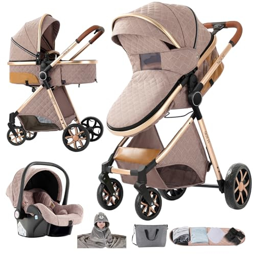 Nine point nine Barnvagnspaket 3-i-1, set med vändbar liggdel, sittdel och babyskydd, dubbelt skjutläge, duovagn med stor och bekväm liggvagn, stomme av aluminiumlegering (V9 khaki)