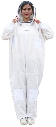 Beekeeping Suit Weißer Imkeranzug, mit Imkerhandschuhen, Schleierhaube, robuster Ganzkörper-Imkeranzug(Large)