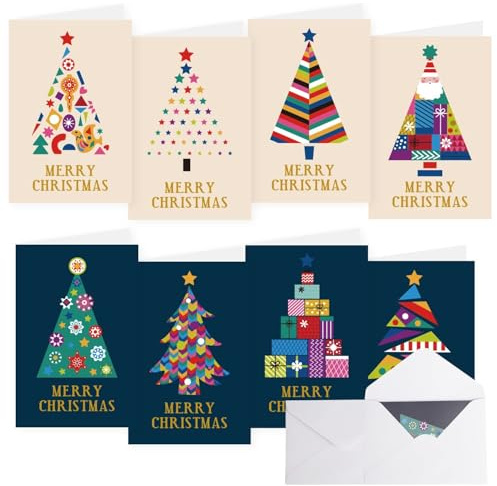 SULOLI Lot de 16 Cartes de Noël avec Enveloppe Blanc– 8 Motifs Différents, Cartes de Vœux Noël Cartes Pliantes,Remerciement Joyeux Noel (Arbre de Noel)
