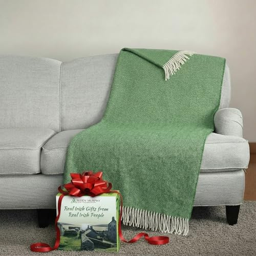Biddy Murphy Irish Merino and Cashmere Wool Throw Blanket, Made in Ireland, Heirloom Quality, 54 x 71, Green Herringbone Pattern