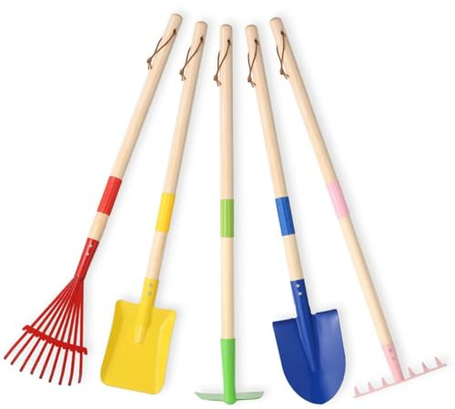 5 PCS 28 Detatchble Kids Gardening Tools, Metal Beach Digging Toys with Sturdy Wooden Handle, Safe Backyard Snow Sensory Playset Including Hoe, Tooth & Leaf Rakes, Flat & Pointed Shovels for Children