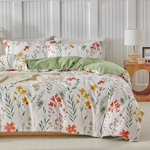 TTCM Double Duvet Cover Set,Double Bedding Set, Green Floral Print | Easy-Use Zipper Closure, Includes 2 Matching Pillowcases, Durable Fade-Resistant Microfibre Fabric