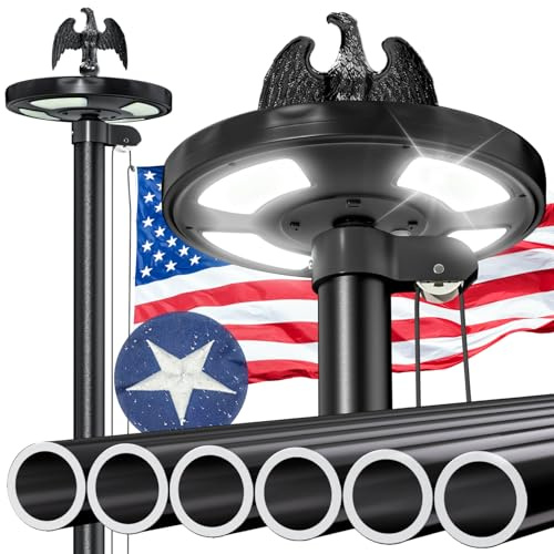 20 FT Heavy Duty Flag Pole with 144 LED Solar Light,12 Gauge Extra Thick Aluminum Flagpole for Outside House Powered and Flag Outdoor,Inground Flag Pole Kit for Residential Commercia(20FT with Light)