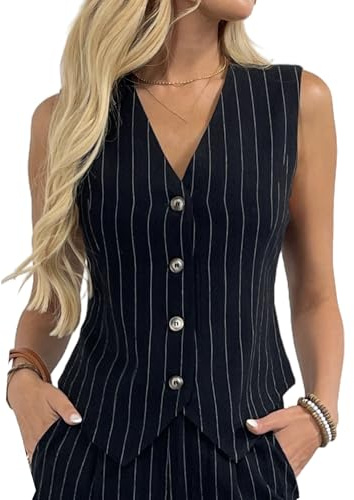 Gilet da donna in lino con scollo a V con bottoni per lavoro e vacanze, blazer senza maniche, panciotto, Large
