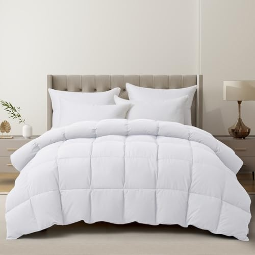ALPSWAN Luxury Goose Feather Down Fiber Comforter King Size, 300TC White Cotton Blended Duvet Insert, All Season Hotel Bedding Alternative Down Comforter with Corner Tabs (White, King)