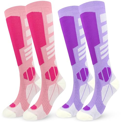 KOOOGEAR Womens Merino Wool Ski Socks,Thermal Ski Socks Knee High Long Walking Hiking Sports Socks with Full Cushioned for Winter Skiing Snowboarding (Purple/RoseRed)