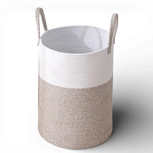 Wäschekorb Geflochten mit Griff, Großer Wäschesammler & Aufbewahrungskorb für Spielzeug, Rattan Wäschekorb für Kinderzimmer Schlafzimmer, Stabiler Laundry Basket (Weiß-Grau, Ø38 x H50 cm)