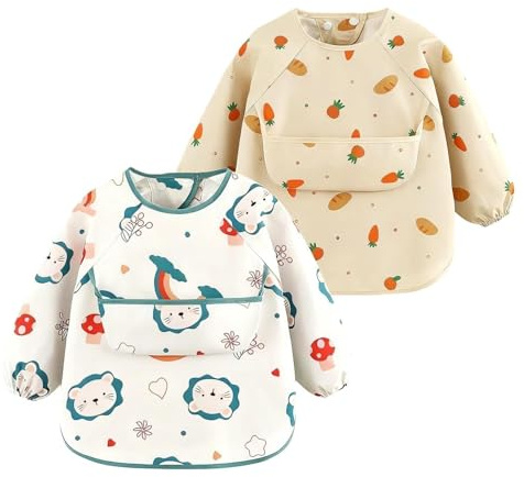txuzong 2 baberos para bebé con mangas, adecuados para 0 – 1 año, baberos de menos de 8,5 kg, baberos impermeables para bebé, lavable, para comer, pintar y jugar