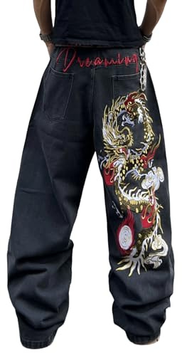 Zewool Men's Dragon Baggy Jeans Embroidered Denim Pants | Hip Hop, Y2k 2000s Jinco, Oversized, Skater Streetwear, Relaxed Loose Fit, Skateboard, Extra, Stylish, Casual