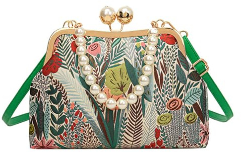 Bolso de mano inspirado en flores bordadas, estilo tradicional, bolso cruzado para mujer, con cadena de perlas, cadena de perlas retro, Green, Medium
