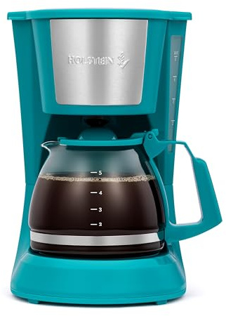 Holstein Housewares 5 Cup Drip Coffee Maker – Compact and User-Friendly with Auto Pause & Serve, Reusable Filter, Measuring Spoon & Glass Carafe, Office & Dorm Use, Teal