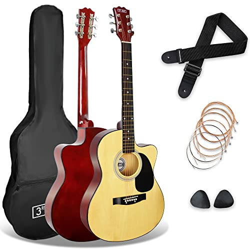 3rd Avenue Full Size 4/4 Cutaway Acoustic Guitar Pack Bundle for Beginners - 6 Months FREE Lessons, Bag, Strap, Picks and Spare Strings - Natural