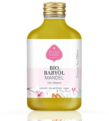ELIAH SAHIL Bio Babyöl 100ml - Naturkosmetik mit 100% Mandelöl | Bio-zertifiziert | Natürliche und sanfte Pflege für sensible Haut | Kaltgepresst & Parfümfrei | Ideal als Massageöl