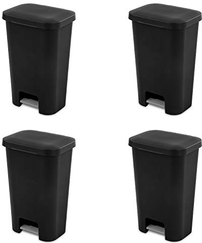 Sterilite 11.9 Gallon StepOn Wastebasket with Lid, Ideal in the Kitchen and Mudroom, Fits a Large 13 Gal Trash Liner, Pedal, Black Lid and Bin, 4-Pack