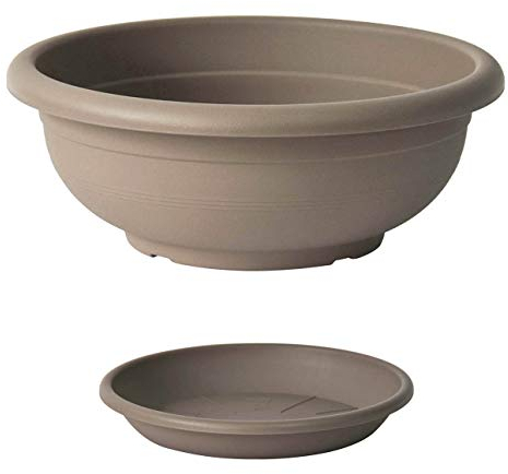 Euro3plast Olimpo Blumenschale mit Untersetzer in rund 20, 25, 30, 35, 40, 45, 50, 60 cm in anthrazit Terra Taupe (25 cm, Taupe)
