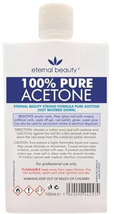 Acetone 100% Pure Nail Polish Remover for UV/LED, Gel Soak Off, Removes All Types of Nail Polish, By Eternal Beauty (100ml)