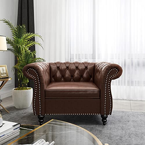 RARZOE PU Chesterfield Chairs, Chesterfield Faux Leather Club Chair, Chesterfield Button Tufted Leather Accent Chair with Nailhead Trim Scrolled Arms for Living Room Bedroom Office, Dark Brown
