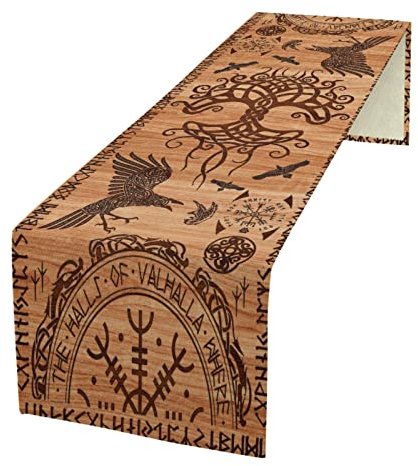 kikomia Baumwolle Leinen Tischläufer Rechteckige Wikinger Rabe Baum des Lebens Tischdecke für Hochzeit Urlaub Heimdekoration Wikinger Dekorativ Abdeckung Tischplatte (33×91cm, Wooden)
